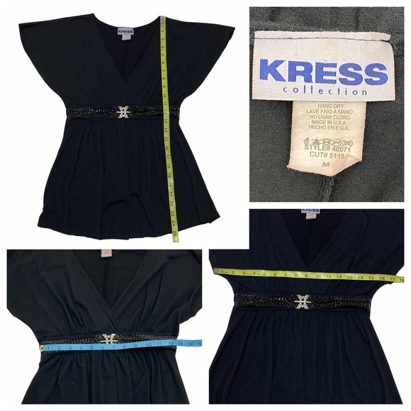 KRESS Collection Solid Black Short Sleeve V-Neck Braided Belted Waist Blouse - Picture 11 of 11